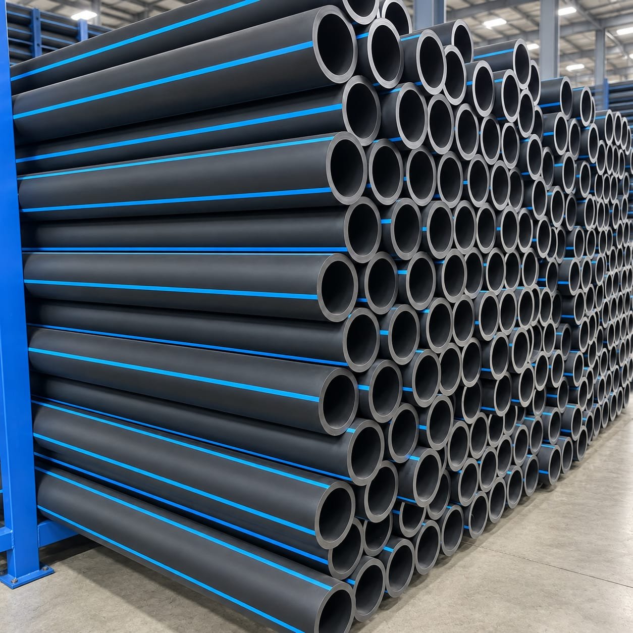 Stok pipa HDPE batangan PE100 bergaris biru di gudang